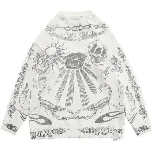 VIBE Grunge y2k goth skull tribal print knit White sweater Size US M / EU 48-50 / 2 - 5 Thumbnail