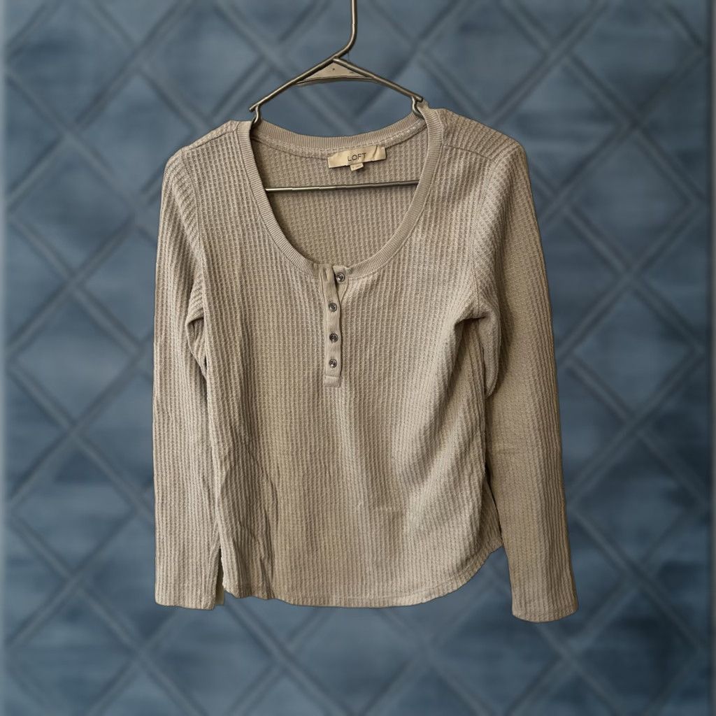 Ann Taylor Ann Taylor LOFT Top Womens S Gray Henley Tunic Waffle Thermal Curve Hem Shirt Long Sleeve Casual Size S / US 4 / IT 40 - 1 Thumbnail