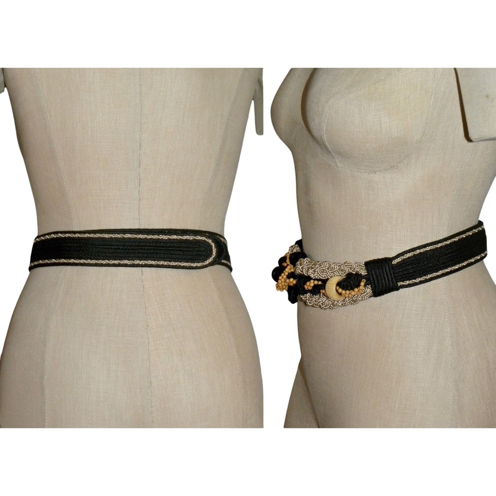 Vintage 80s Boho Cord & Wood Bead Belt | Art to Wear Gypsy Black Tan Size ONE SIZE - 6 Thumbnail
