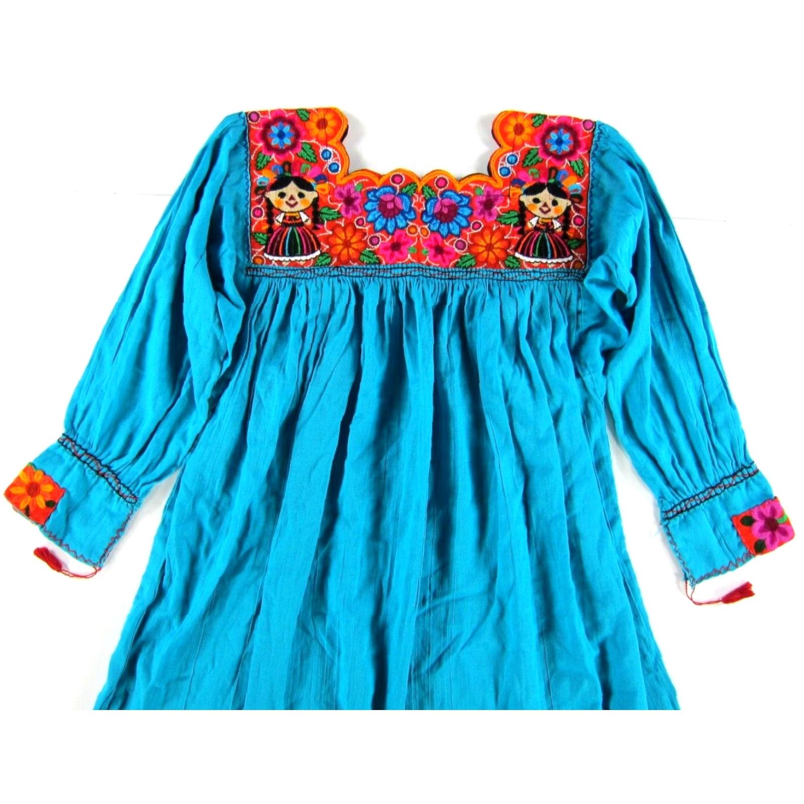 Altea VINTAGE Handmade 100% Cotton Teal Blue Embroidered Floral Ethnic Smock Dress S-M Size S / US 4 / IT 40 - 5 Thumbnail