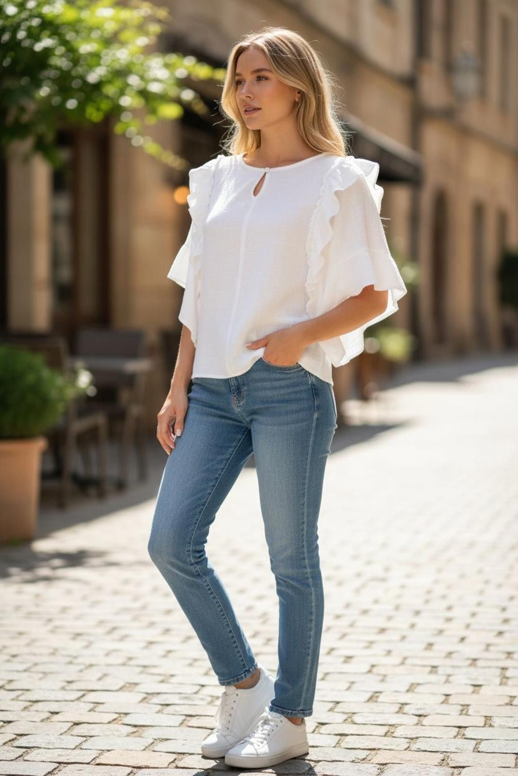 Other Favlux White Ruffle Sleeve Blouse - Women's Casual Top Size M / US 6-8 / IT 42-44 - 2 Thumbnail