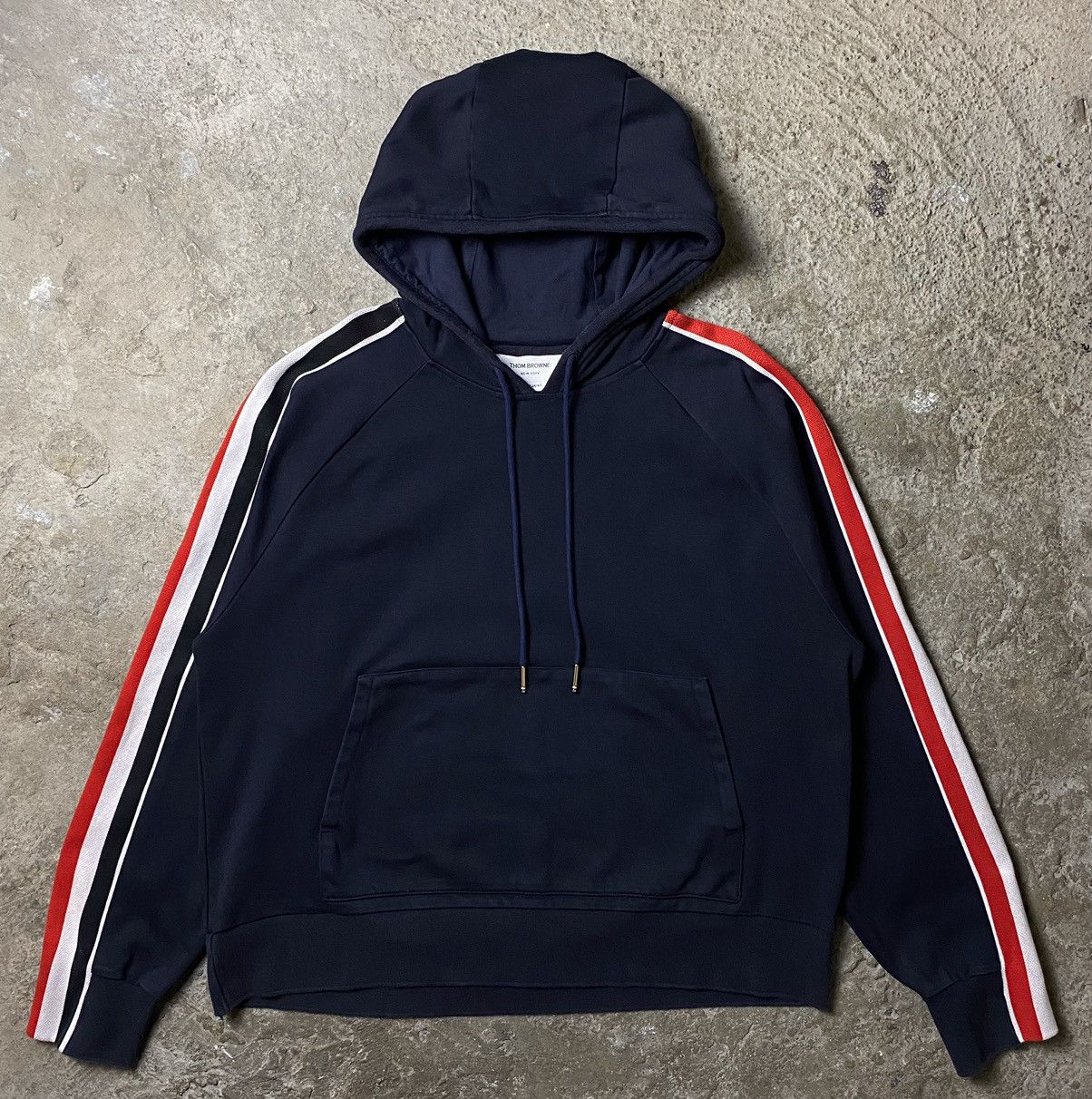 image of Thom Browne Interlocking Rwb Stripe Hoodie in Dark Blue, Men's (Size XL)