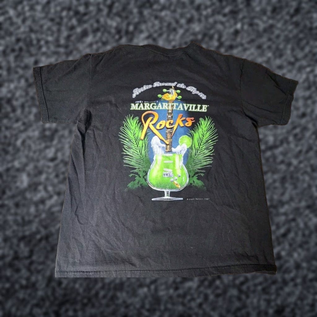 Vintage Margaritaville T-Shirt Mens M Black Cotton Short Sleeve Crew Neck Rock Guitar Tropics 2007 Cayman Islands Distressed Logo 2000s Mens Size US M / EU 48-50 / 2 - 1 Thumbnail