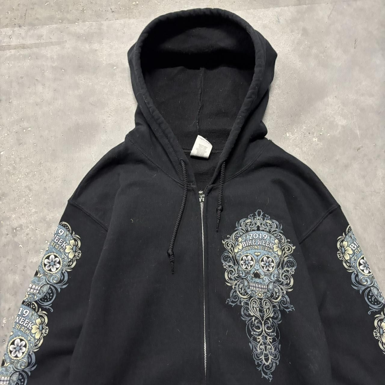 Japanese Brand × Vintage Crazy Vintage Y2K/2000s Grunge Bike Week Day Of The Dead Biker Graphic Zip Up Hoodie! Size US S / EU 44-46 / 1 - 3 Thumbnail