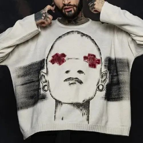 image of Vintage Streetwear Gothic Abstract Portrait Pattern in White, Men's (Size Medium)