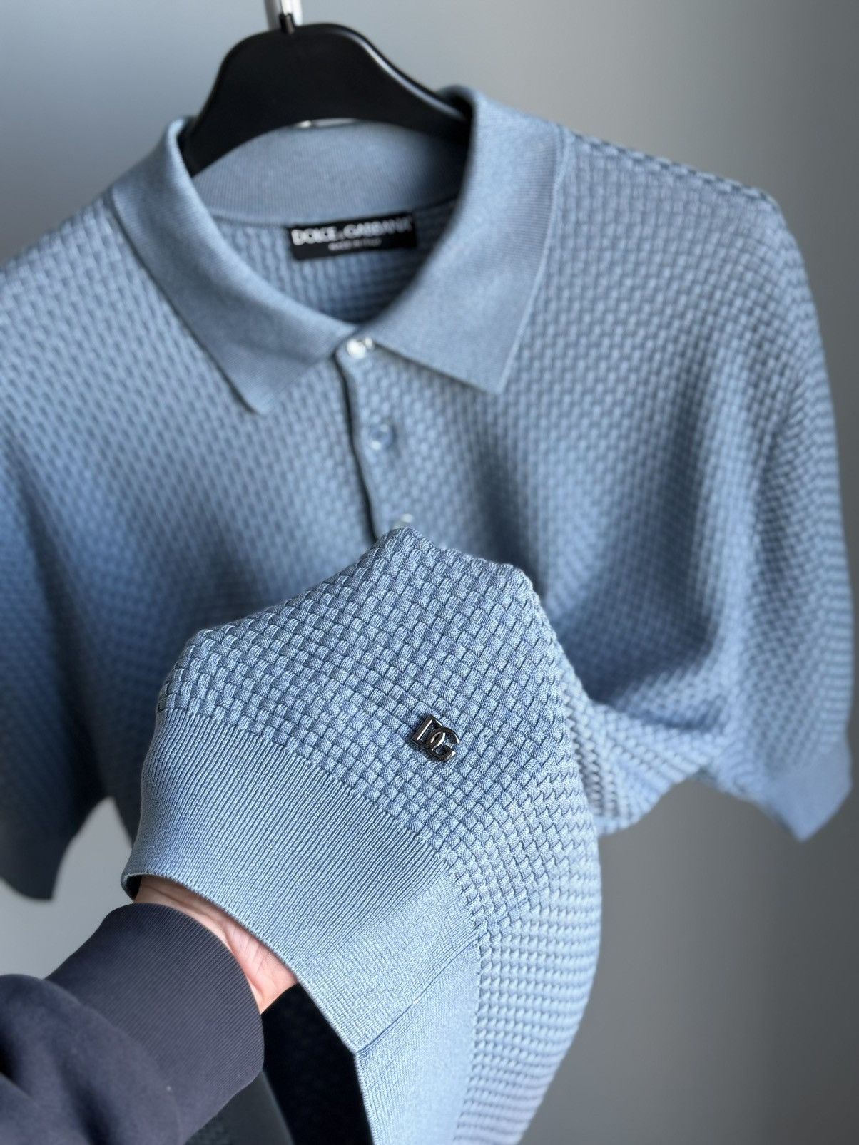 Dolce & Gabbana Dolce Gabbana Textured Knitt Polo Blue Mens Metal Logo DG Size US L / EU 52-54 / 3 - 12 Thumbnail