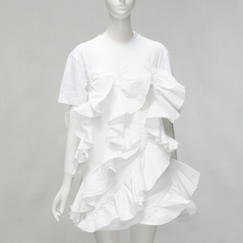 Alexander McQueen ALEXANDER MCQUEEN 2022 Hybrid white spiral ruffle cotton tshirt dress IT36 XS Size XS / US 0-2 / IT 36-38 - 1 Thumbnail