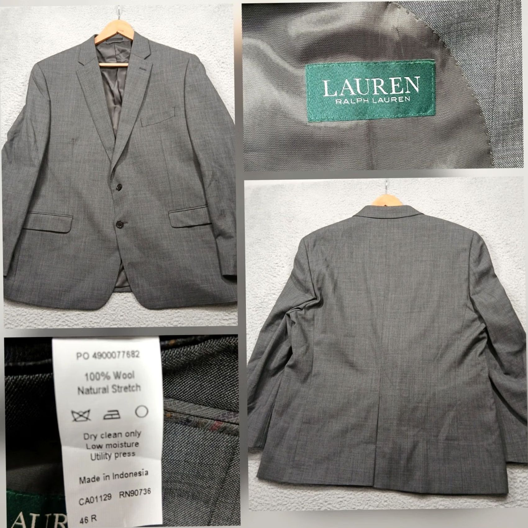 Ralph Lauren Lauren Ralph Lauren Blazer Men Gray 46R Wool Two-Button Herringbone Notch Lapel Regular Fit Chest Pocket Classic Business Dress Wool Blazer Mens Size 46R - 2 Thumbnail
