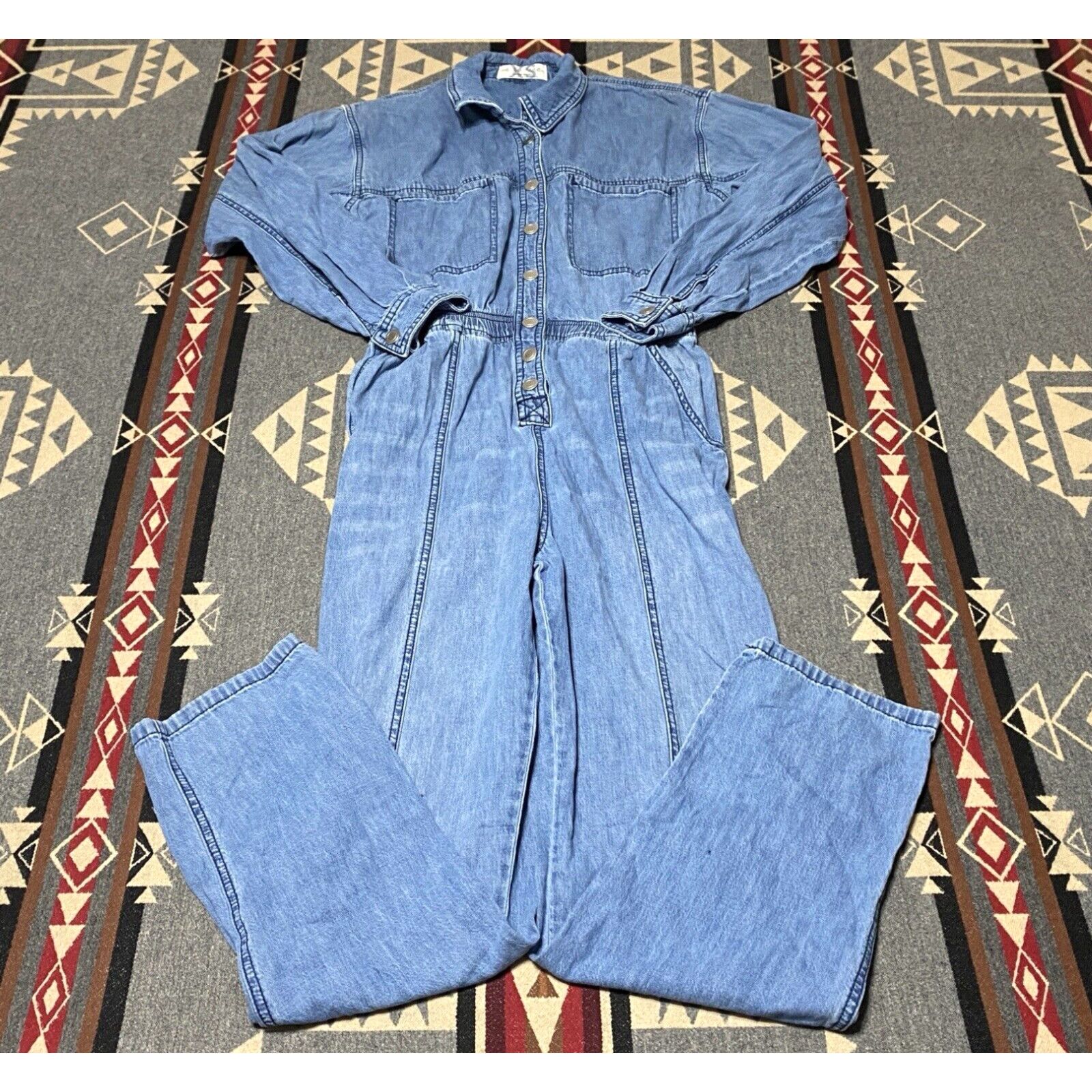 image of Free People We The Free Womens Xs Ari Blue Striped Coverall Jumpsuit Snap Up T58 in White (Size 26)