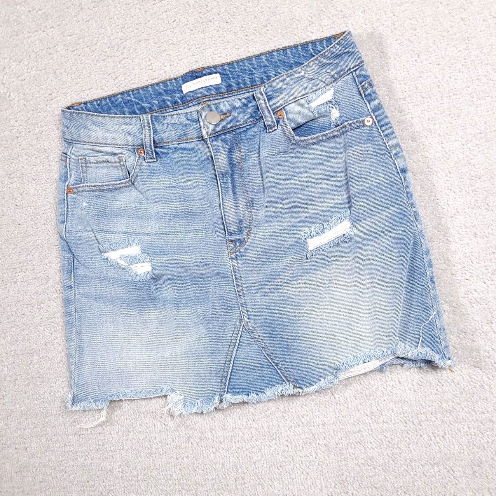 Vintage Tinseltown Denim Skirt Mini Pencil Blue Distressed Stretch Women 9/29 Short All Seasons Size 30" / US 8 / IT 44 - 2 Thumbnail