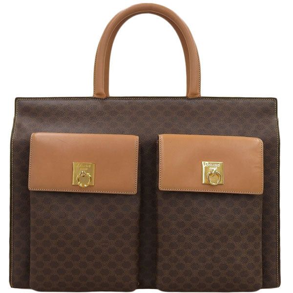 image of Celine Macadam Pattern Logo Plate Top Handle Bag Brown, Women's