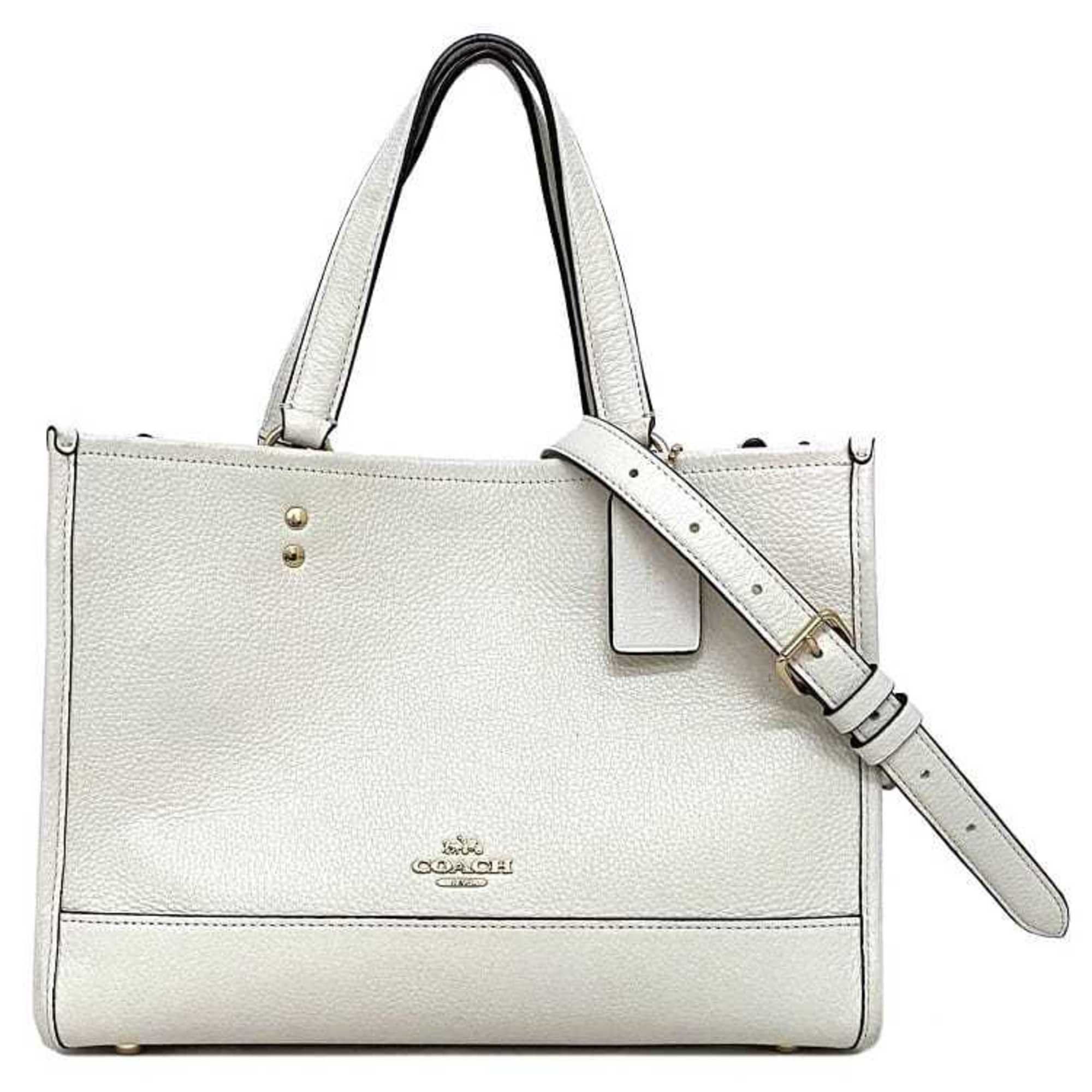 image of Coach 2Way Bag White Gold 1959 Tote Shoulder Handbag Leather Coach Ladies, Women's