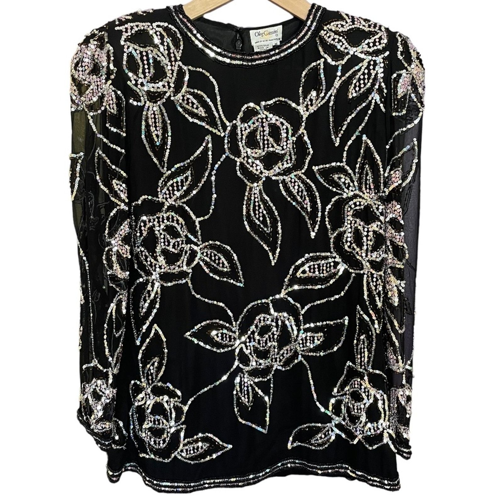 Oleg Cassini × Vintage Authentic Oleg Cassini Vintage Beaded Black Silk Floral Top Size M / US 6-8 / IT 42-44 - 6 Thumbnail