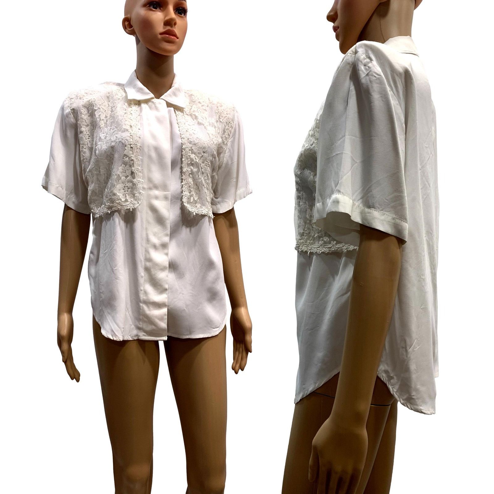 Vintage 80s White Short Sleeve Romantic Blouse w Lace Vest / Shrug Size S / US 4 / IT 40 - 5 Thumbnail