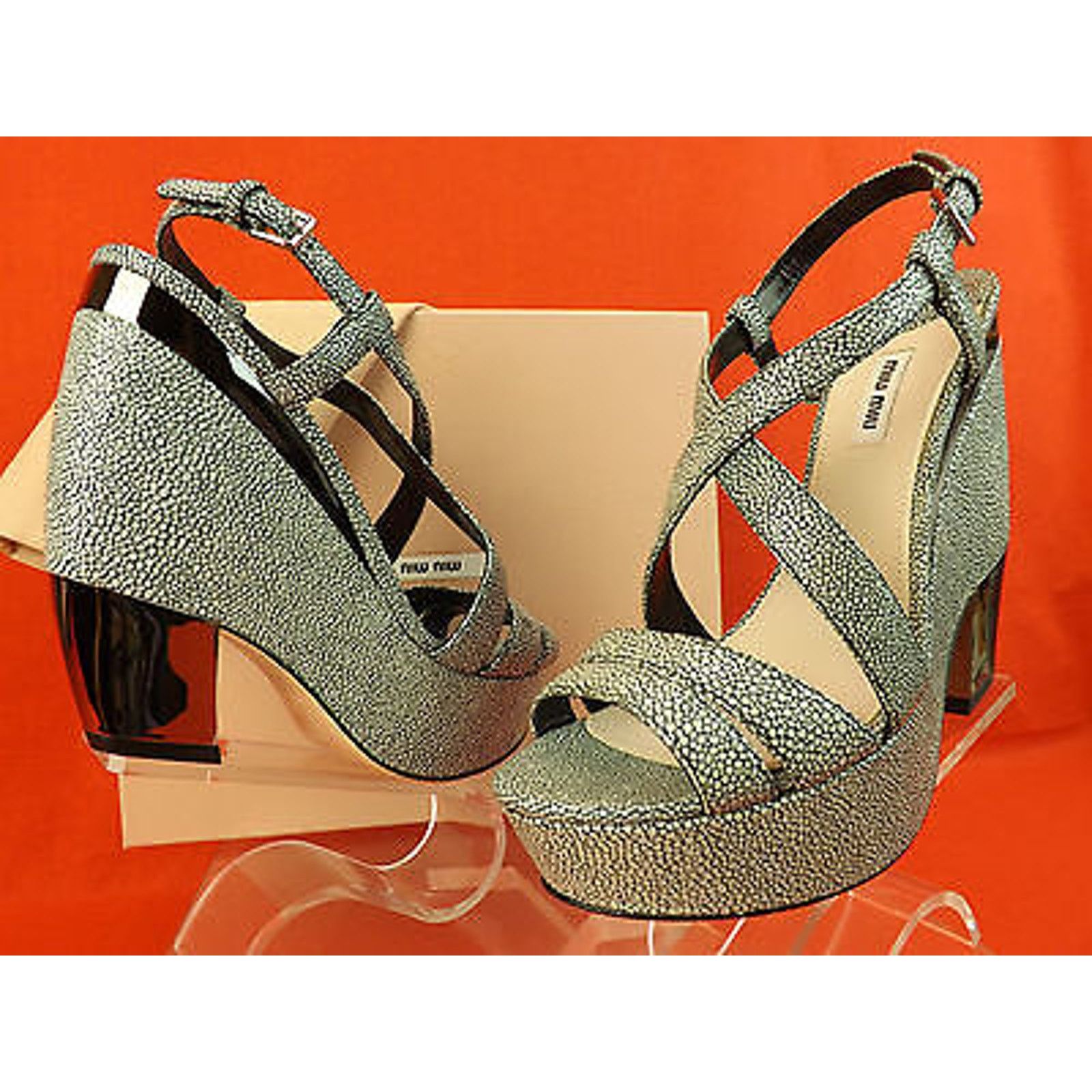Miu Miu STINGRAY PEBBLE LEATHER METAL HEEL PLATFORM SANDALS 41 $750 Size US 11 / IT 41 - 12 Thumbnail
