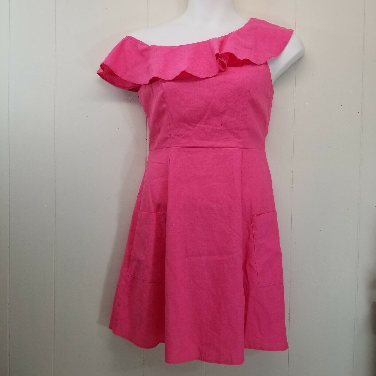 Asos Asos Hot Pink Dress Off Shoulder Linen Pockets US8 Skater Fi Size M / US 6-8 / IT 42-44 - 1 Thumbnail