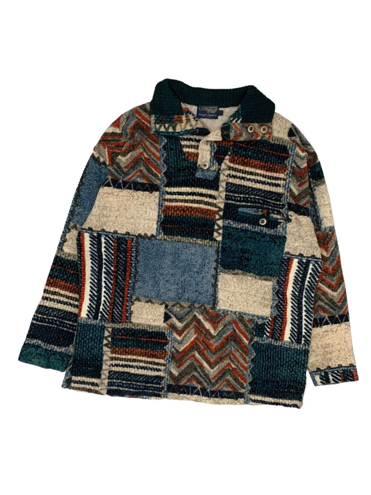 Vintage 🇮🇹Vintage Compass Card Patchwork Wool Half Button Sweater Size US M / EU 48-50 / 2 - 3 Thumbnail