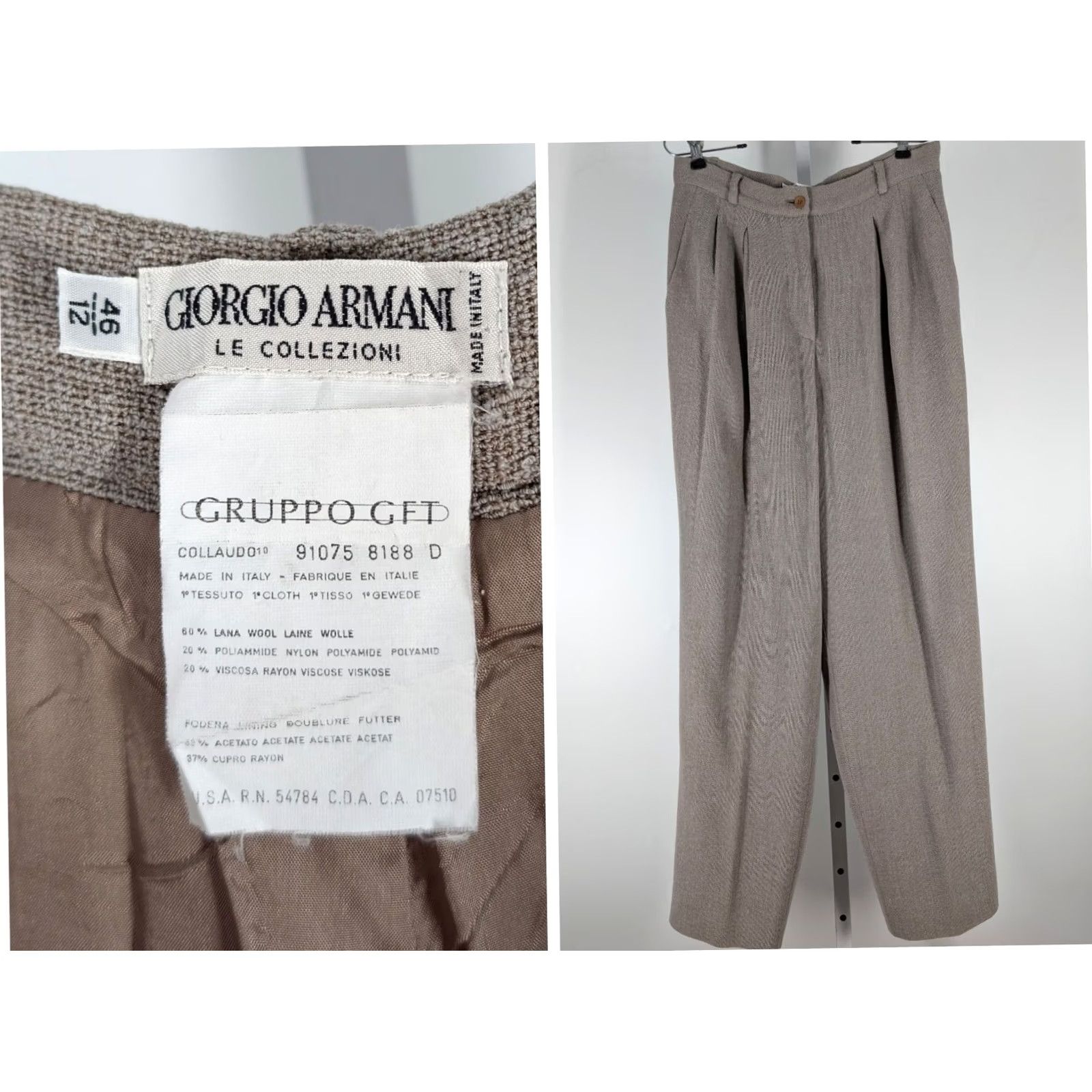 Giorgio Armani VINTAGE Giorgio Armani Trousers Wool Tweed Pleated Wide-Leg Italy 46 12 W30 Women Pants Wool Tweed High-Rise Wide-Leg Natural Beige 80s 90s Womens Size 30" / US 8 / IT 44 - 2 Thumbnail