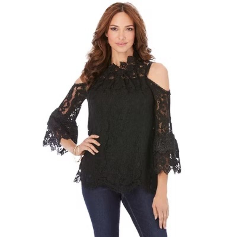 NWT Roaman's Lace Cold-Shoulder Top Black Witchy Formal