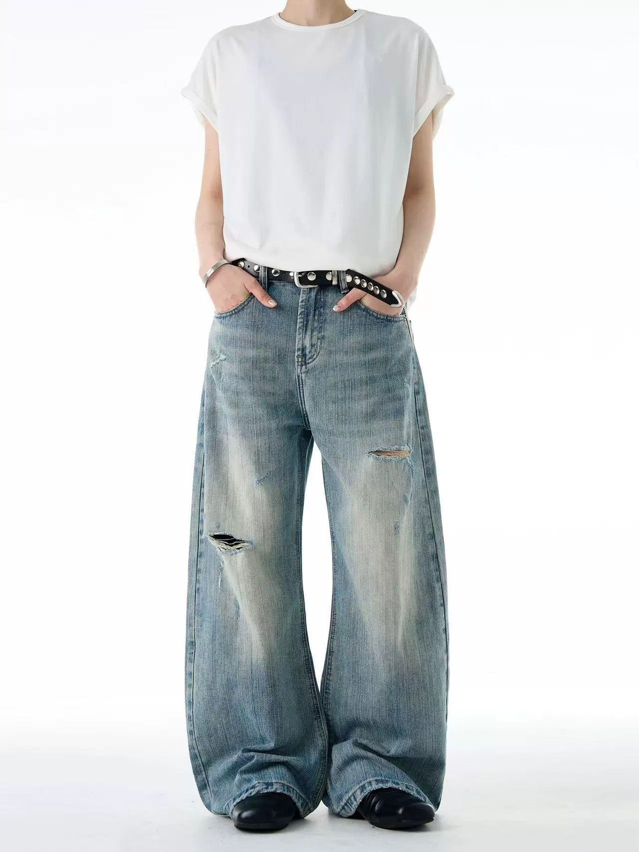 American retro distressed men's loose wide-leg ripped jeans