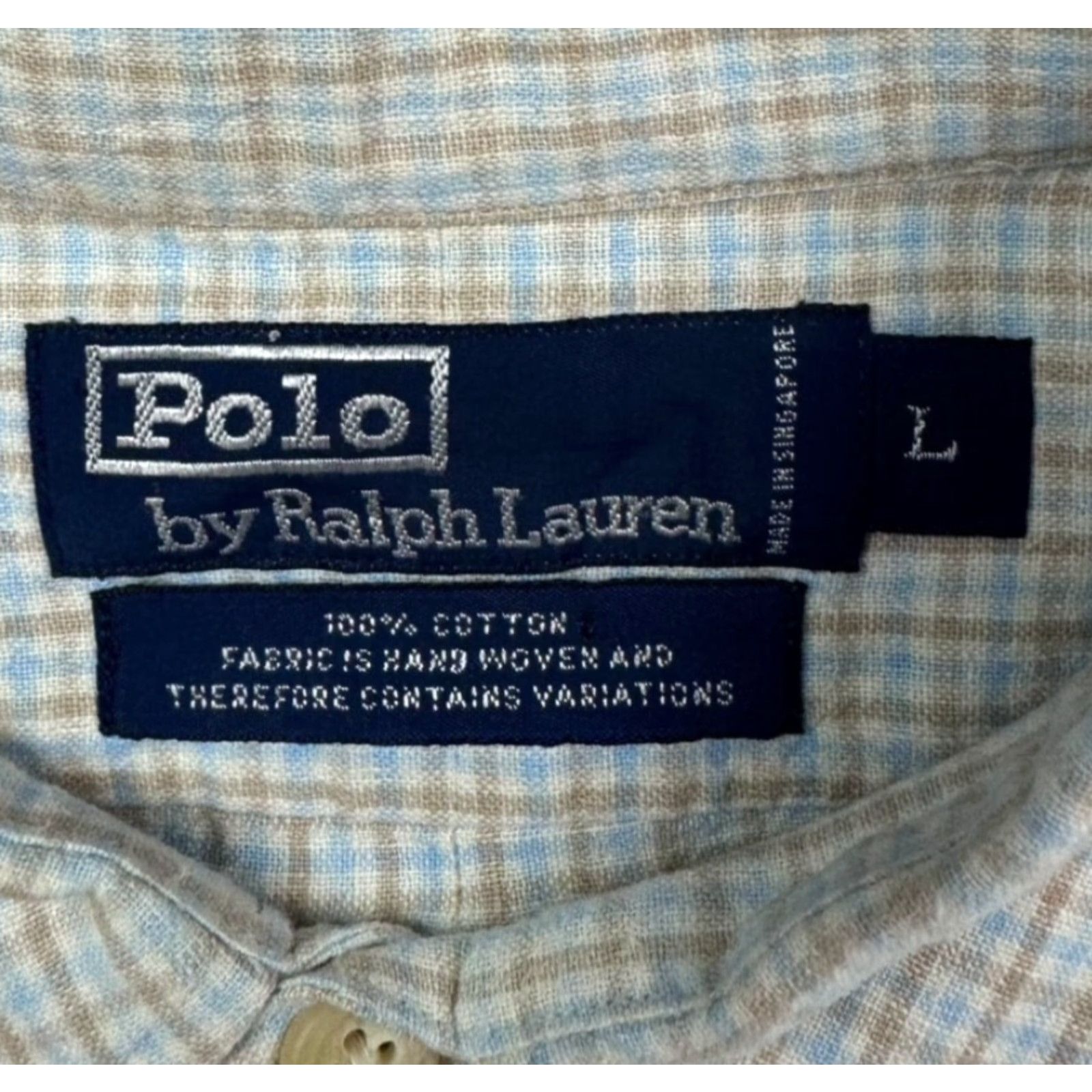 Polo Ralph Lauren Shirt Large Mens 100% Cotton L/S Button-Front Beige Plaid with Chest Pockets Classic Fit