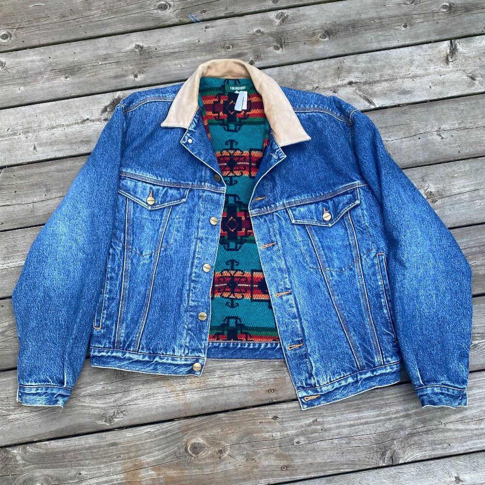Giordano × Vintage Vintage 1980s Blanket Lined Giordano Aztec Denim Jacket Lar Size US L / EU 52-54 / 3 - 4 Thumbnail
