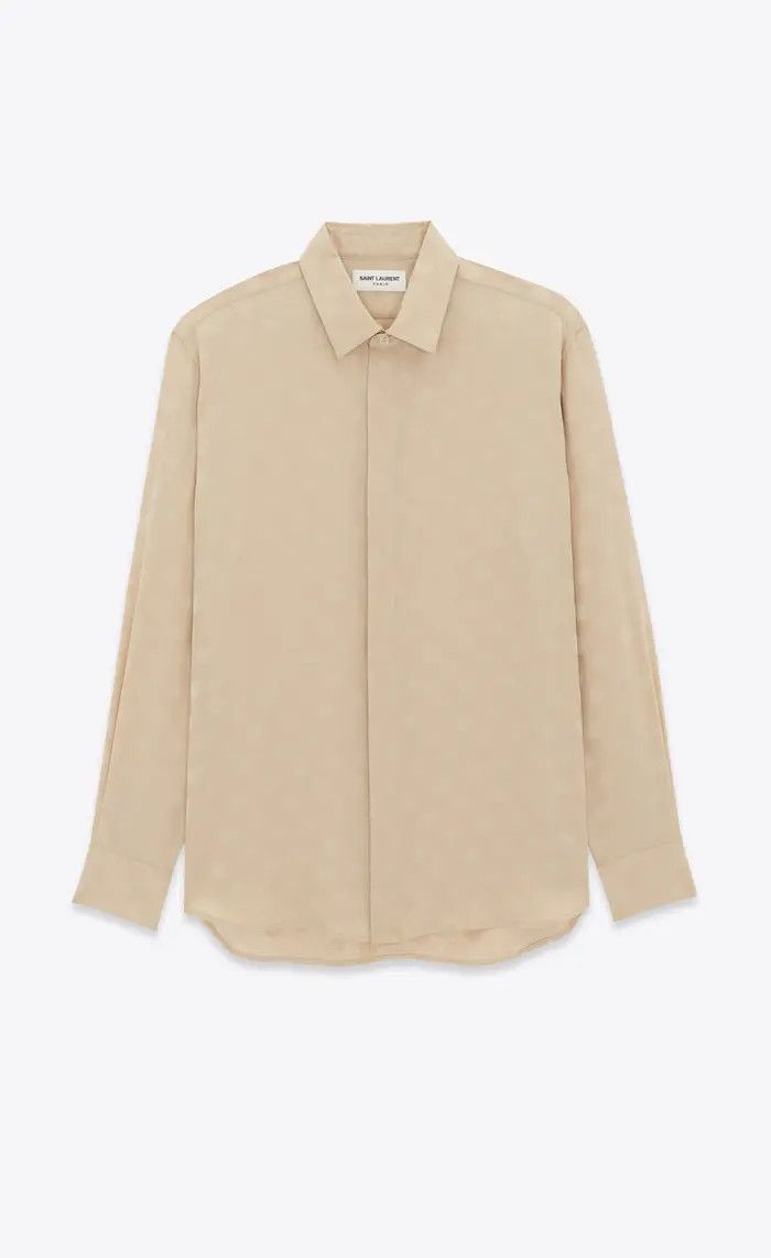 Saint Laurent Paris oc11z0126 646850 Shirt in Dotted Shiny and Matte Silk Beige Size US M / EU 48-50 / 2 - 1 Thumbnail