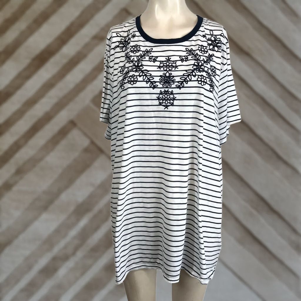 Vintage Lane Bryant Plus Size Tunic Top - Navy White Stripes Floral Embroidery - Womens Shirt Size 3XL / US 20-22 - 1 Thumbnail