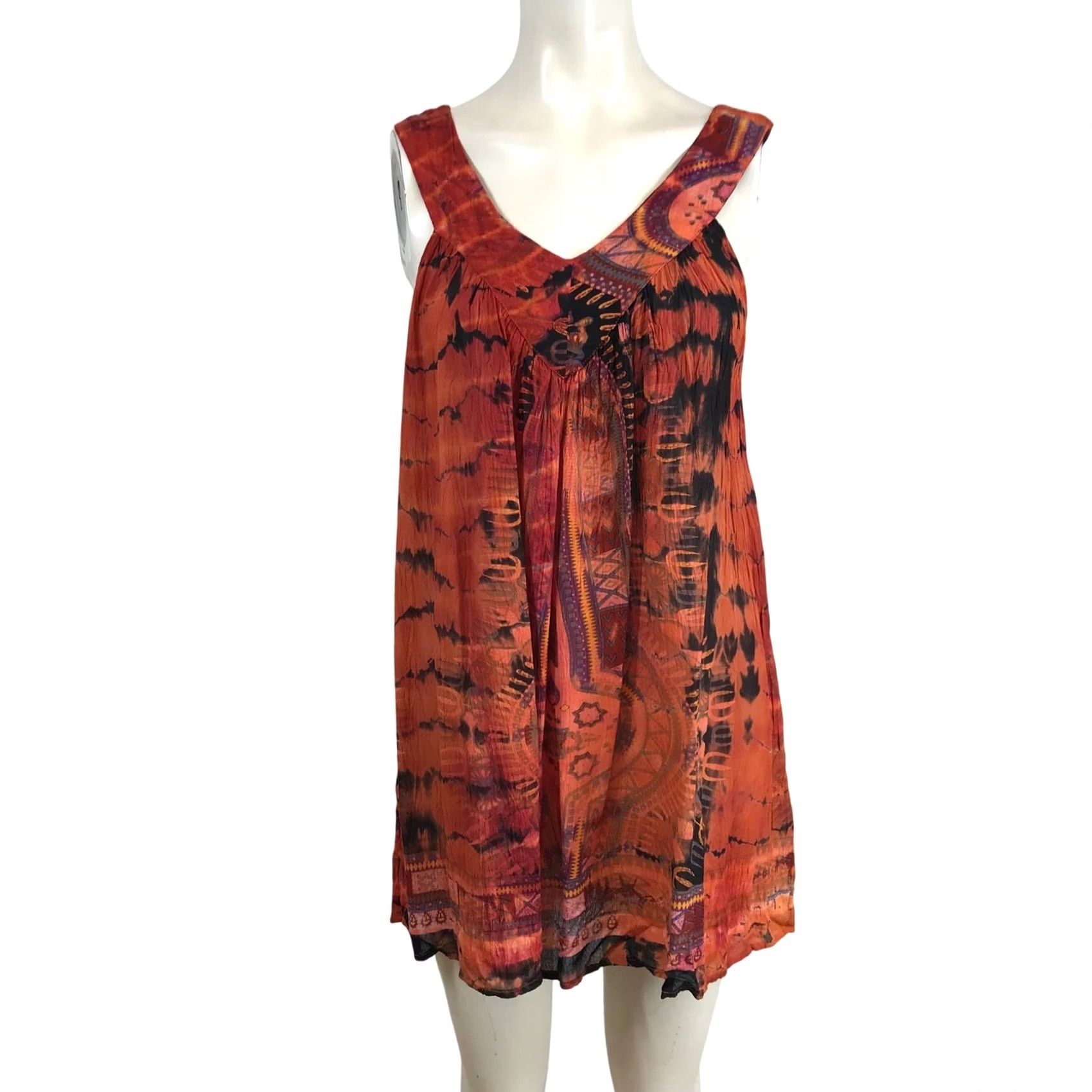 Vintage GreaterGood Orange Tie Dye Mandala Print V-Neck Boho Mini Dress Womens S/M Size S / US 4 / IT 40 - 2 Thumbnail