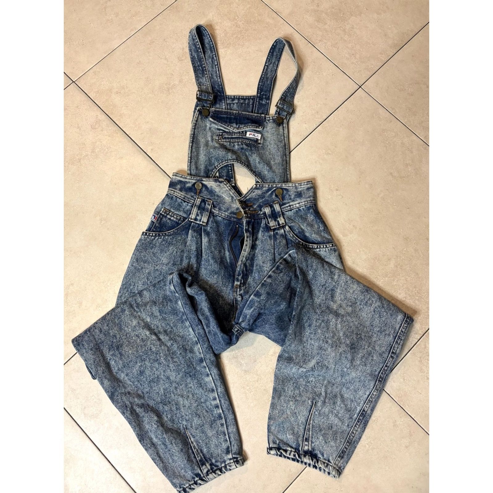 Fila VINTAGE FILA Overalls Womens 29 Blue Acid Wash Denim Royal Relaxed 90s Denim One-Piece Casual Women Size 29 Belt Loops Pockets Zip Front Sailors Size 29" - 2 Thumbnail