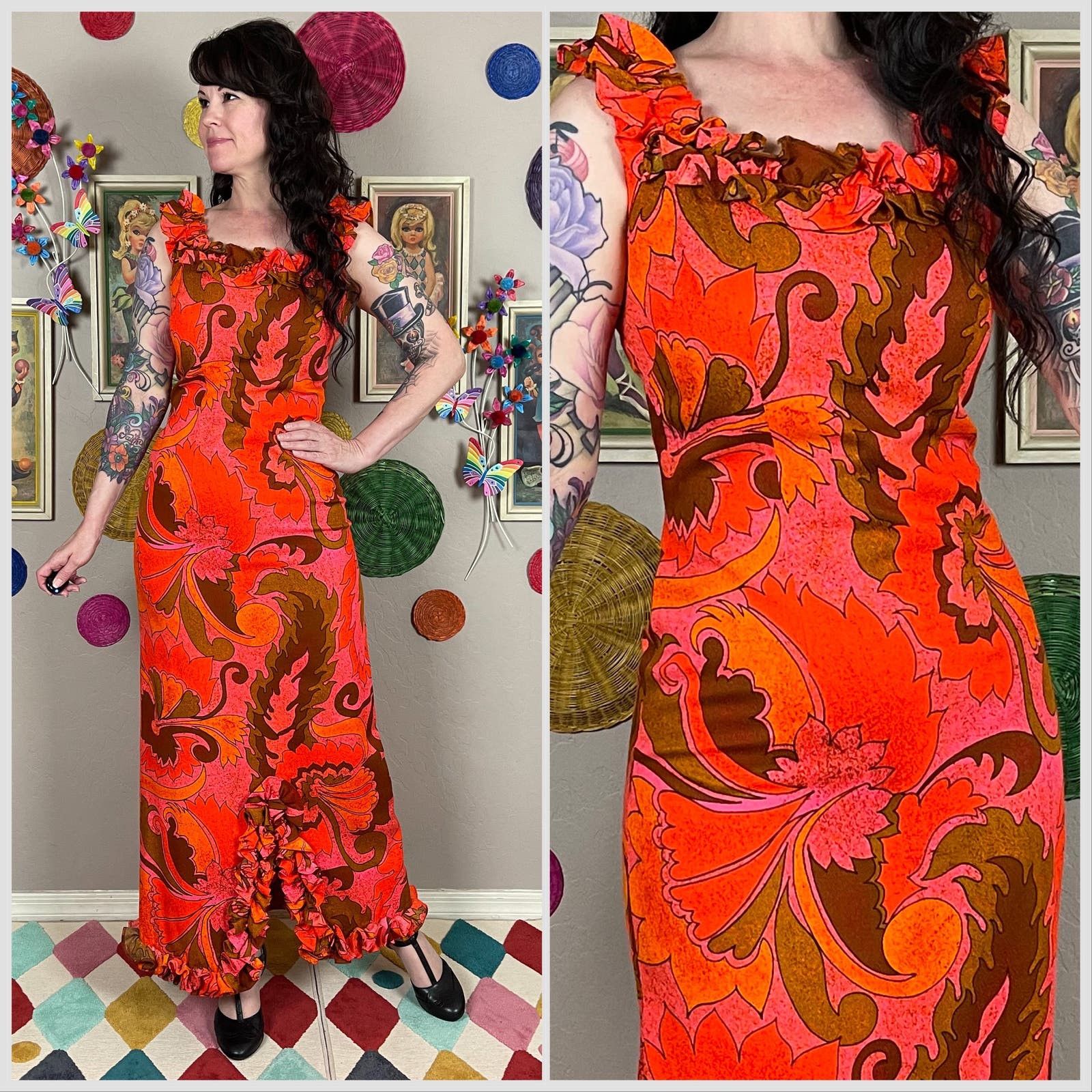 image of Vintage 1960S Day Glo Hawaiian Print Sleeveless Ruffle Maxi Dress in Orange, Women's (Size Small)