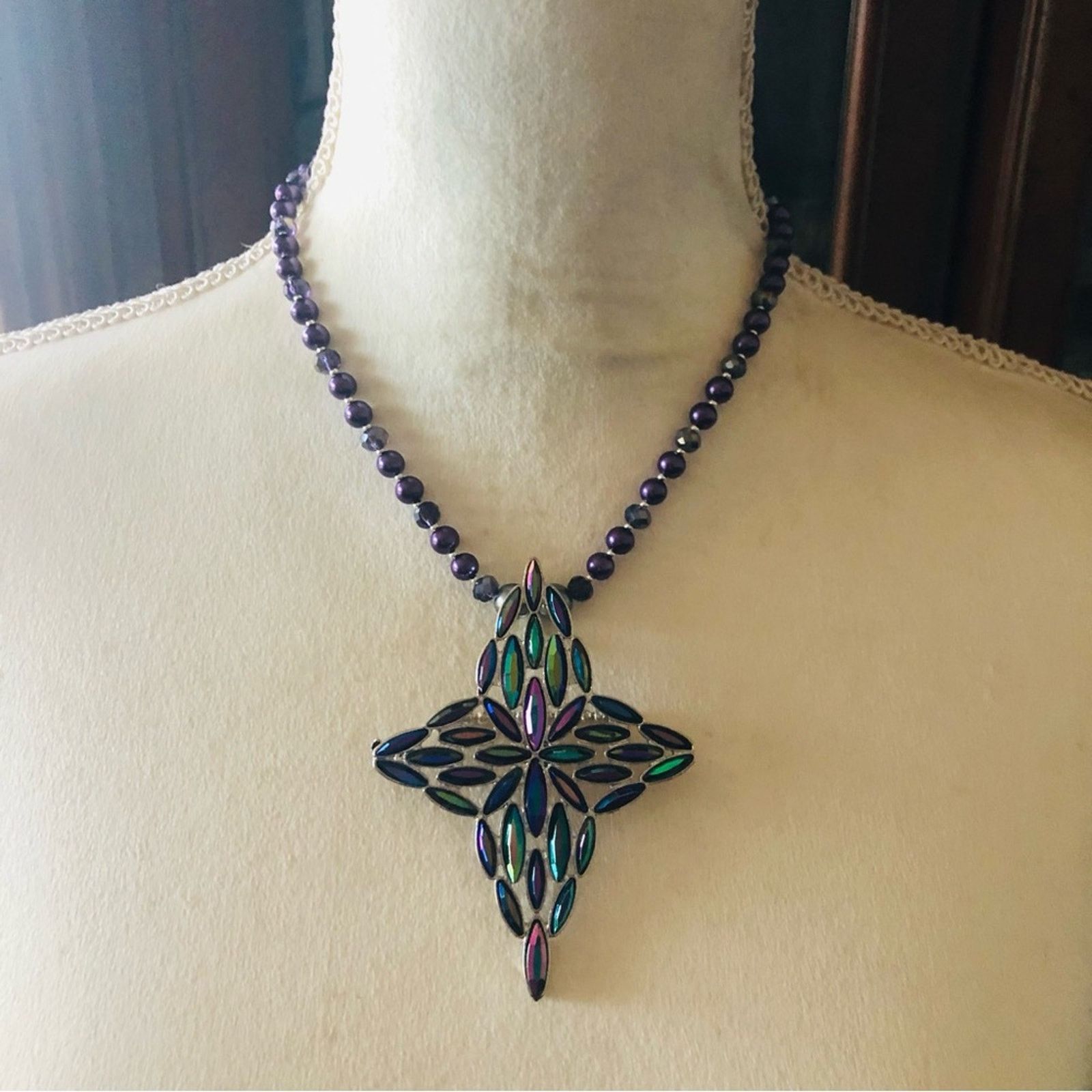 Handmade Handcrafted repurpose marquis stone cross Pearl necklace Size ONE SIZE - 3 Thumbnail