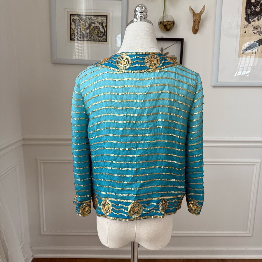 Trina Turk Trina Turk Turquoise Blue 100% Silk Gold Sequin Bolero Jacket 0 XS S Size XS / US 0-2 / IT 36-38 - 5 Thumbnail