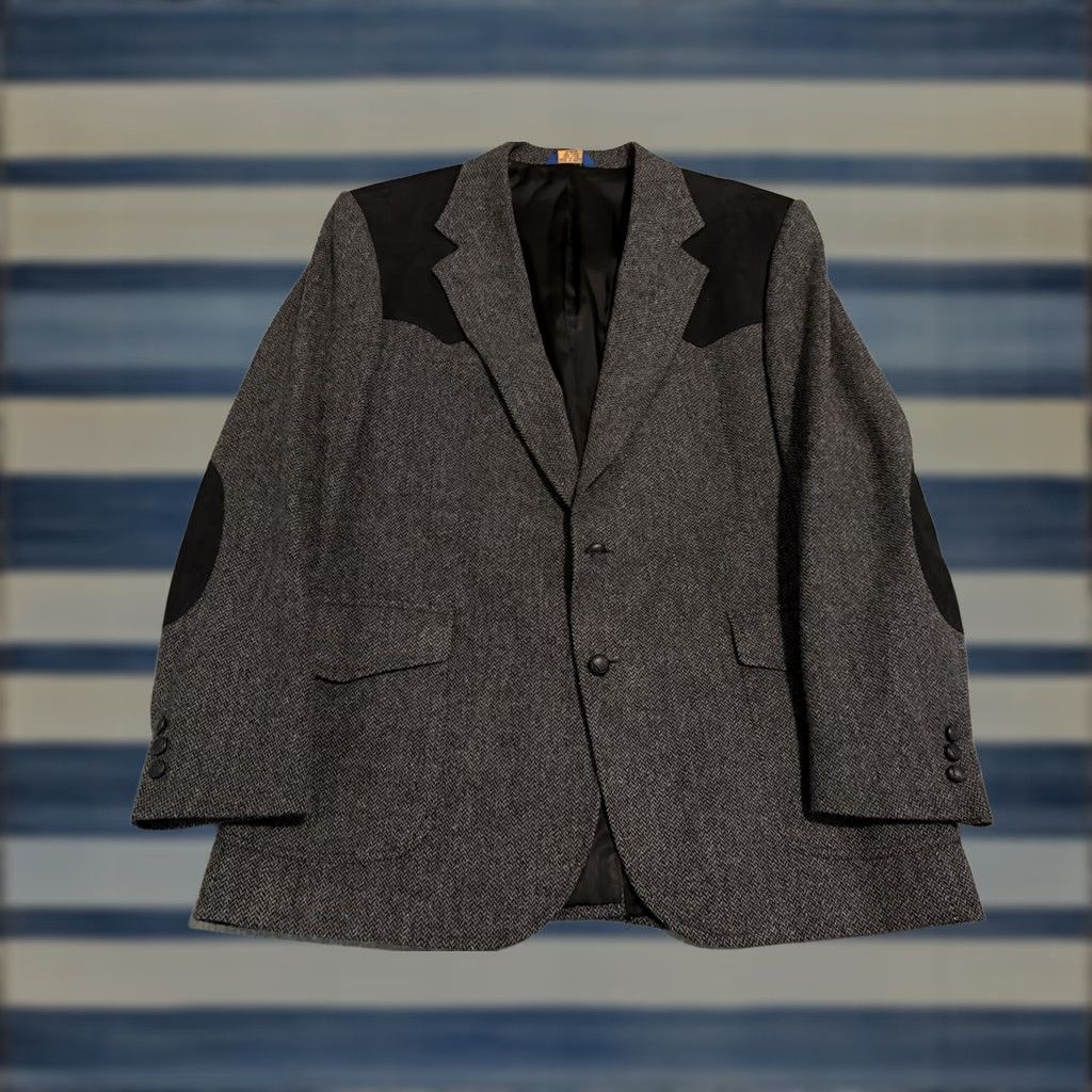 Pendleton Pendleton Western Tweed Wool Jacket Blazer Sport Coat Elbow Patch Gray Black 44L Mens Long Wool Tweed 2 Button Western Theme Size 44R - 1 Thumbnail