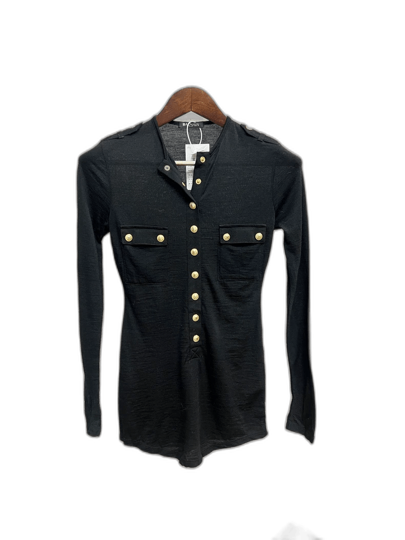 Balmain Balmain Black Knit Shirt Dress with Gold Buttons Size US XS / EU 42 / 0 - 1 Thumbnail