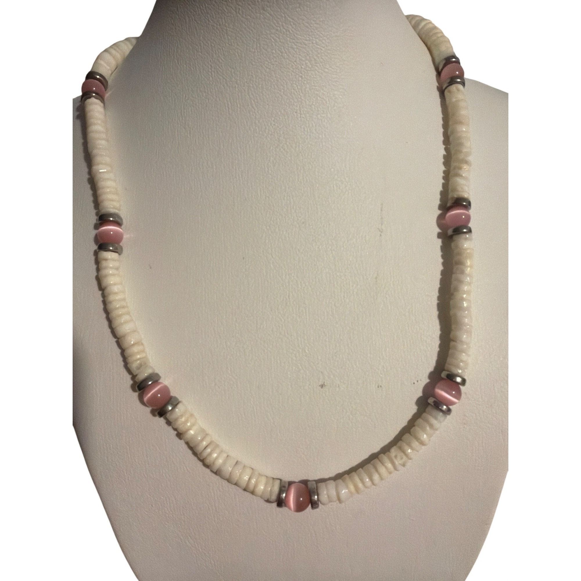 Other Vintage Puka Shell Pink Cats Eye Bead Necklace Silver Tone A Size ONE SIZE - 1 Thumbnail