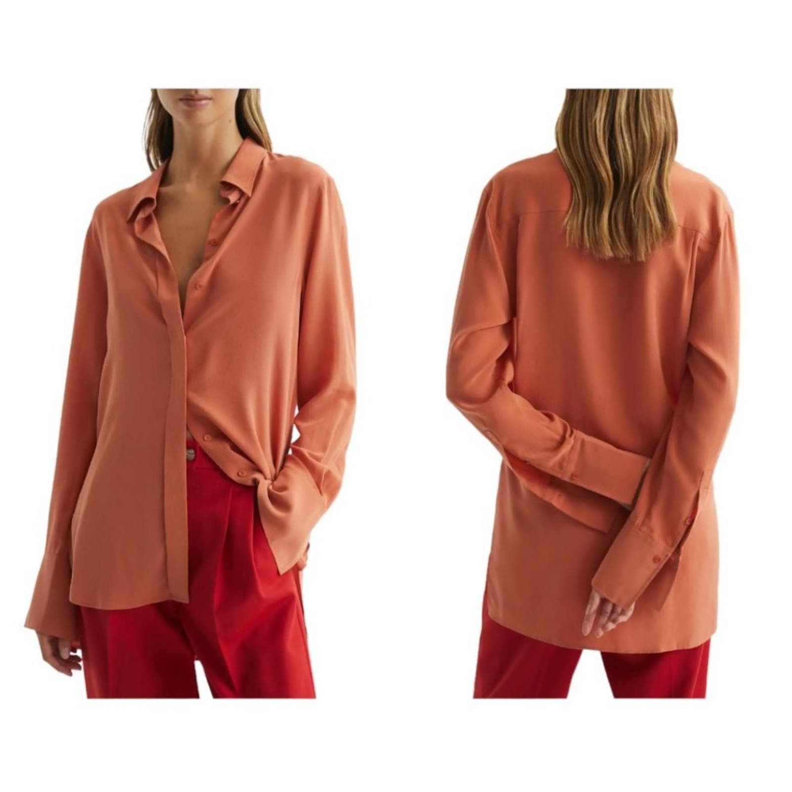 image of Reiss Eden Silk Button-Up Blouse Orange Size 2 NWOT $385 Msp, Women's