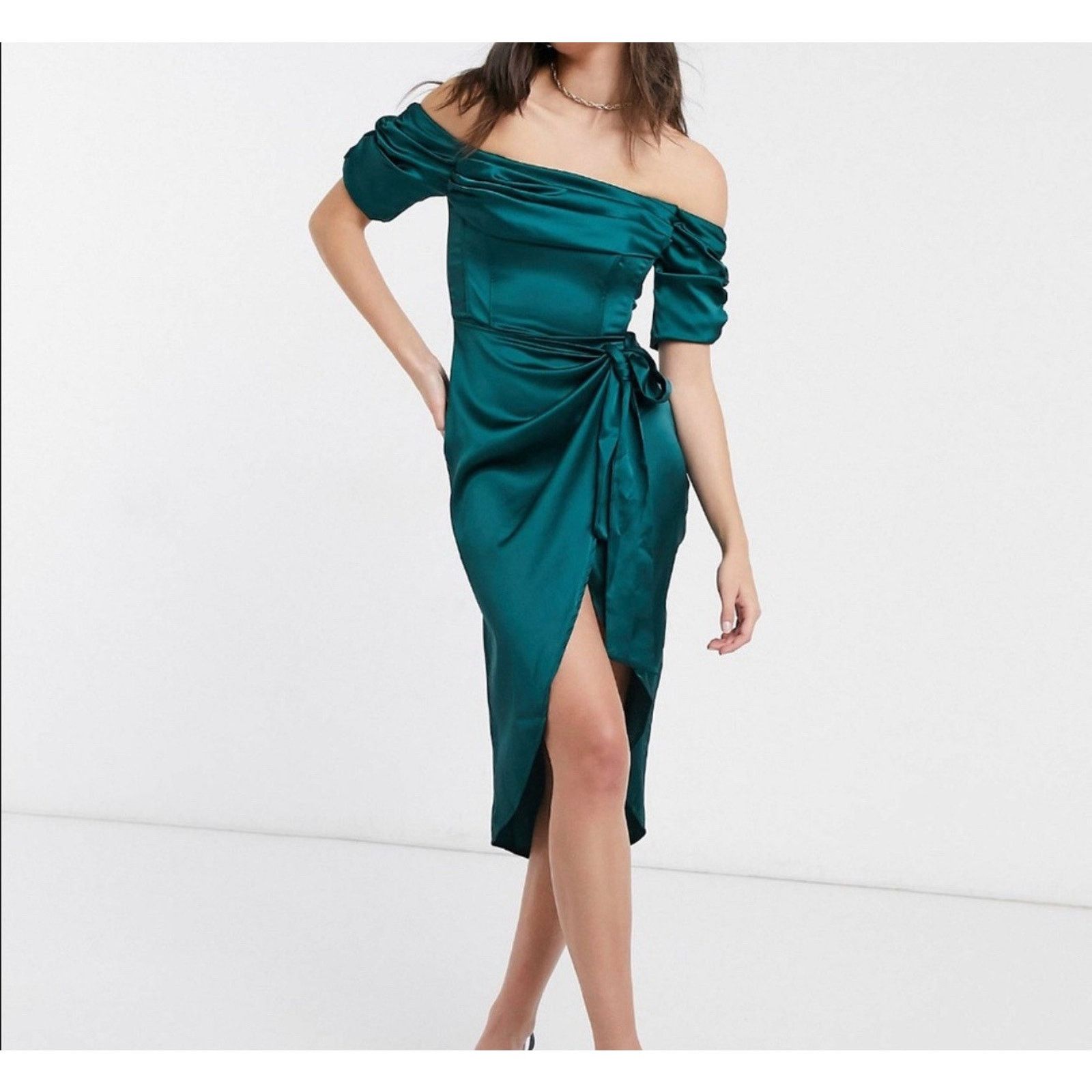 NWT Flounce London bardot ruched midi dress split wrap 4