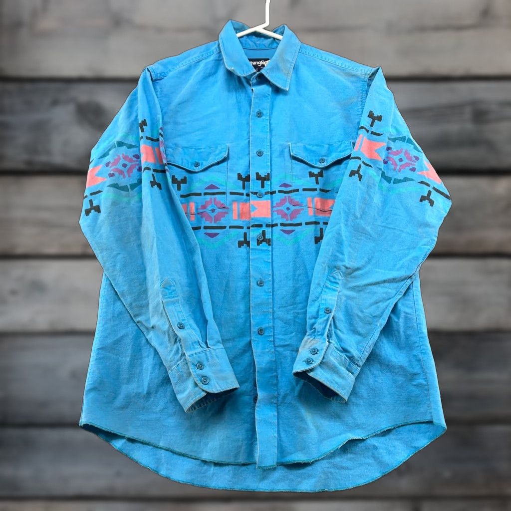 Wrangler VINTAGE Wrangler Shirt Mens 16.5 35 Blue Canvas Brushpopper Aztec Western 90s Size US XL / EU 56 / 4 - 1 Thumbnail