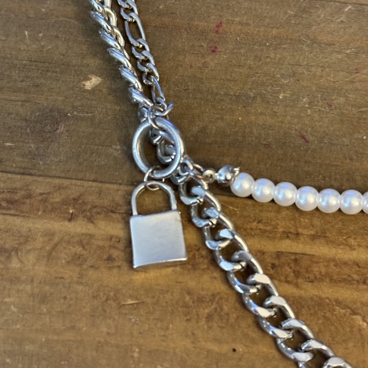 Other Layered silver tone chain and pearl padlock necklace Size ONE SIZE - 3 Thumbnail