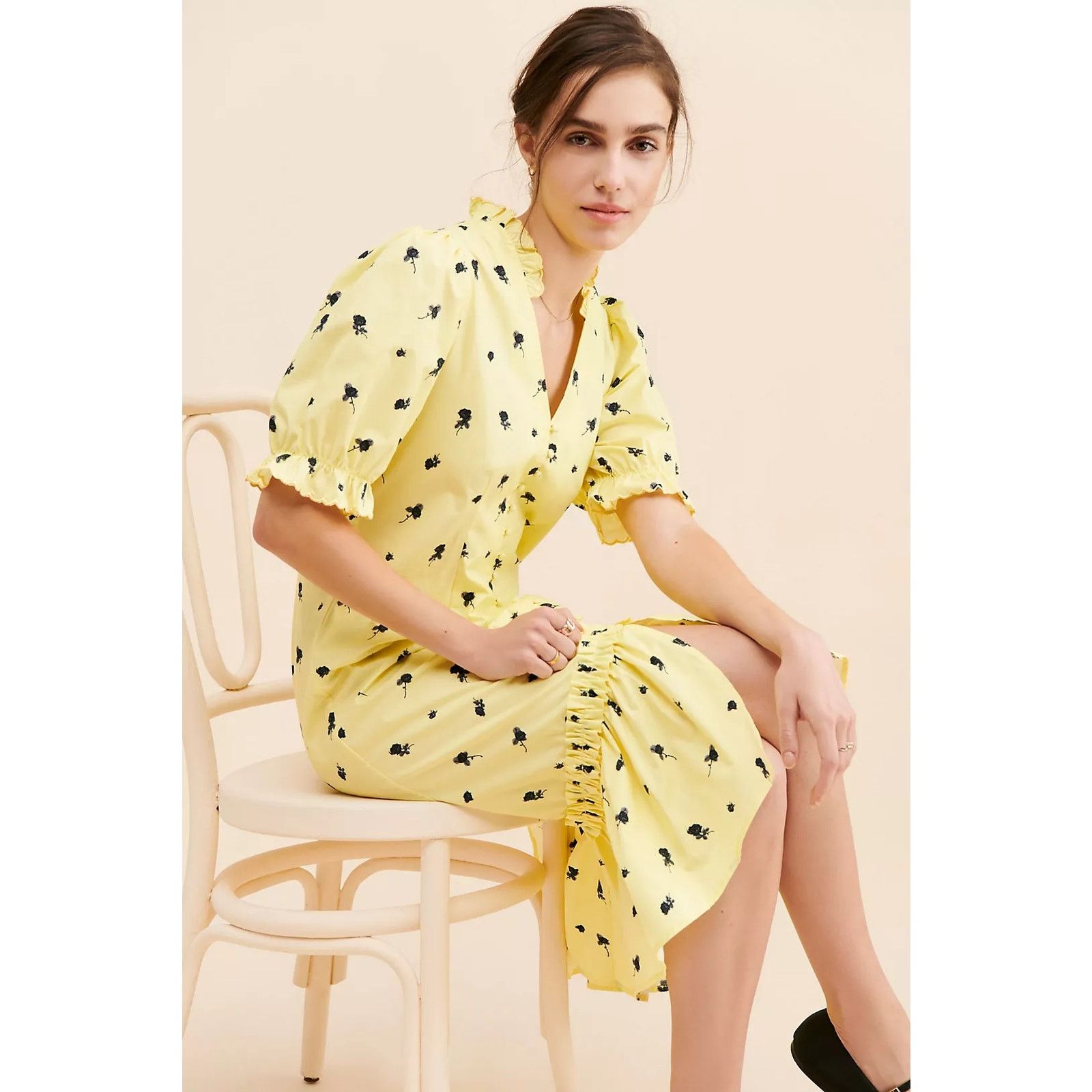 Anthropologie New CRAS Tuva Floral Midi Dress $269 SMALL 36 Yellow Size S / US 4 / IT 40 - 4 Thumbnail