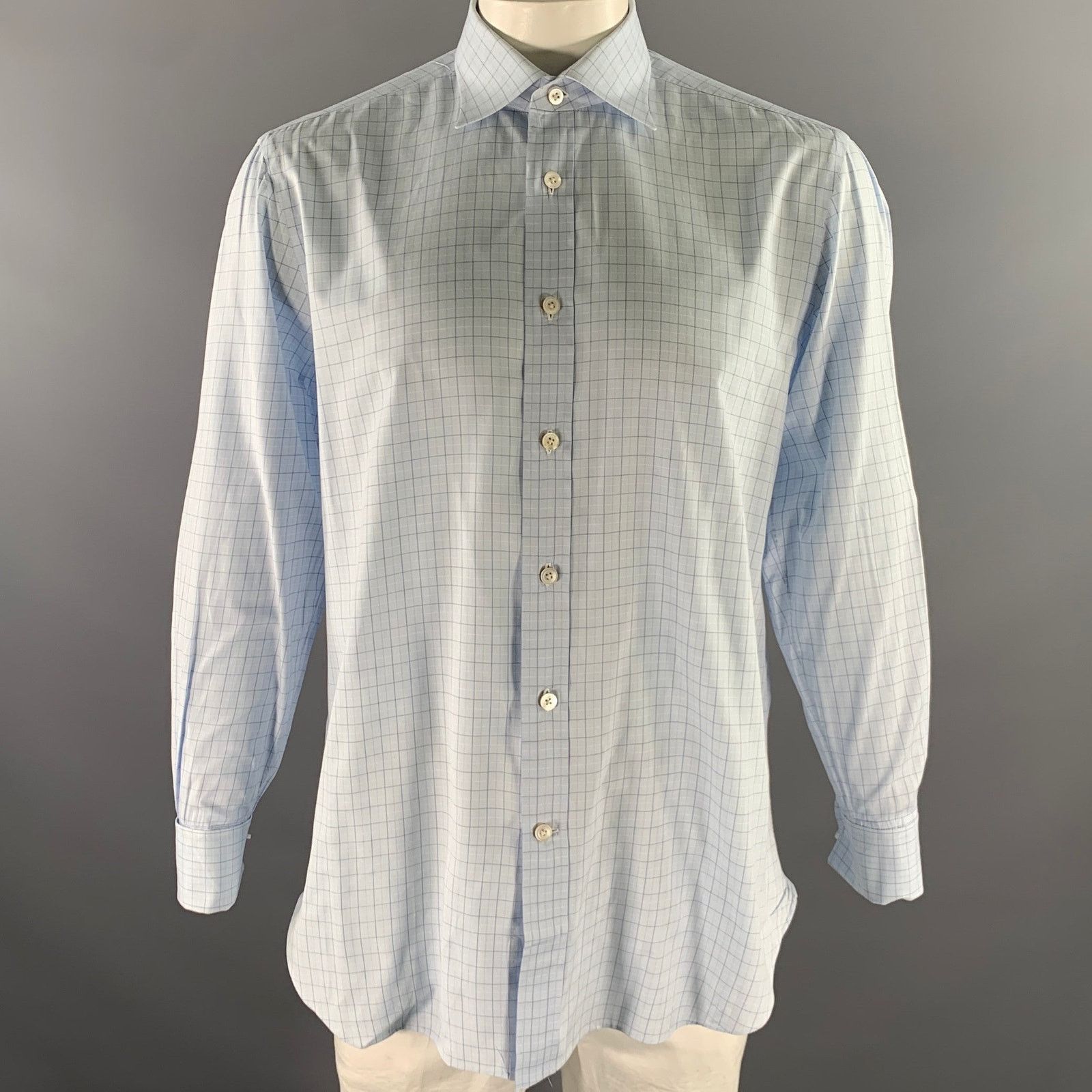 Kiton KITON L Light Blue Windowpane French Cuff Long Sleeve Shirt Size 48R - 1 Thumbnail