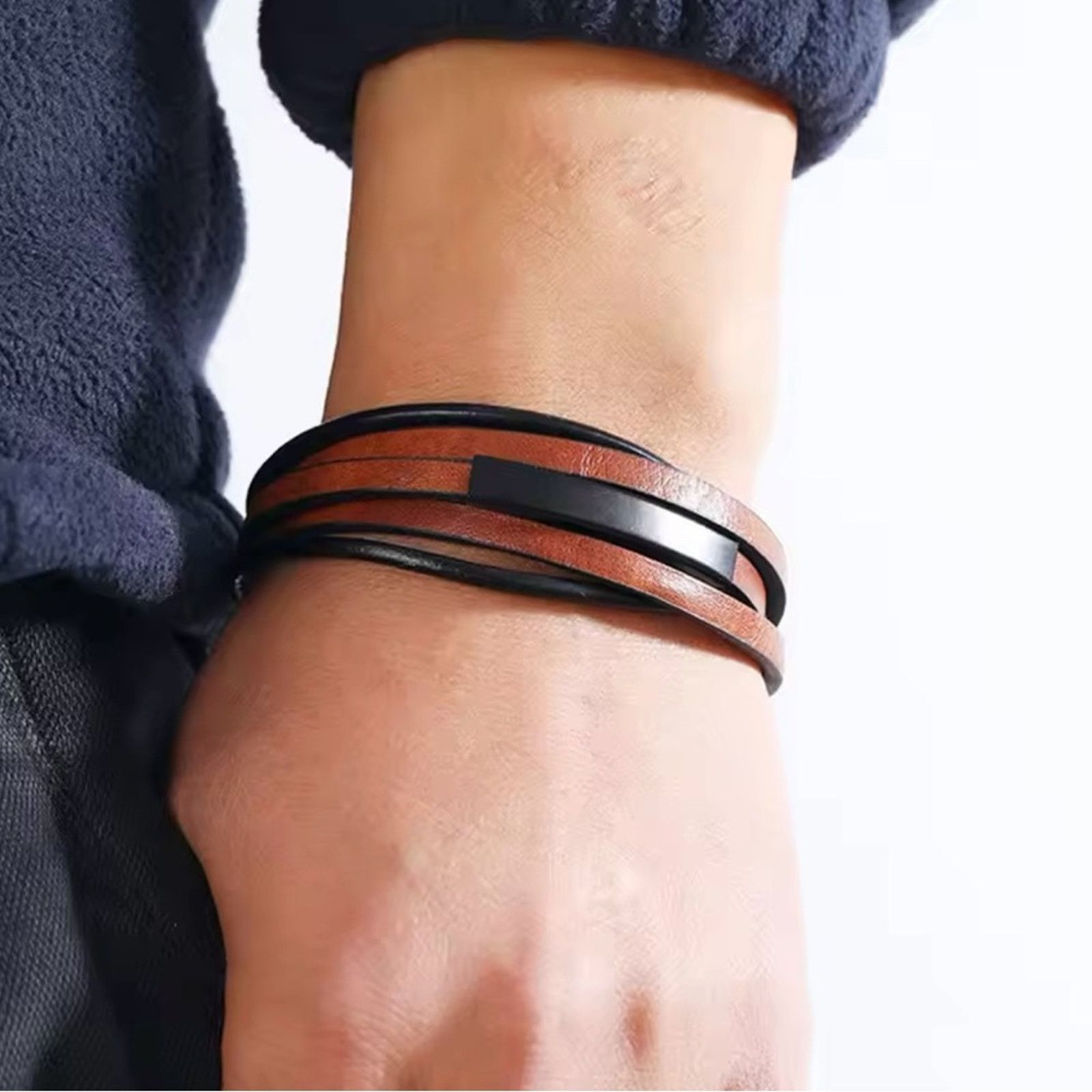 Other Men's Brown Leather Multilayer Leather Bracelet Magnet Buckl Size ONE SIZE - 2 Thumbnail