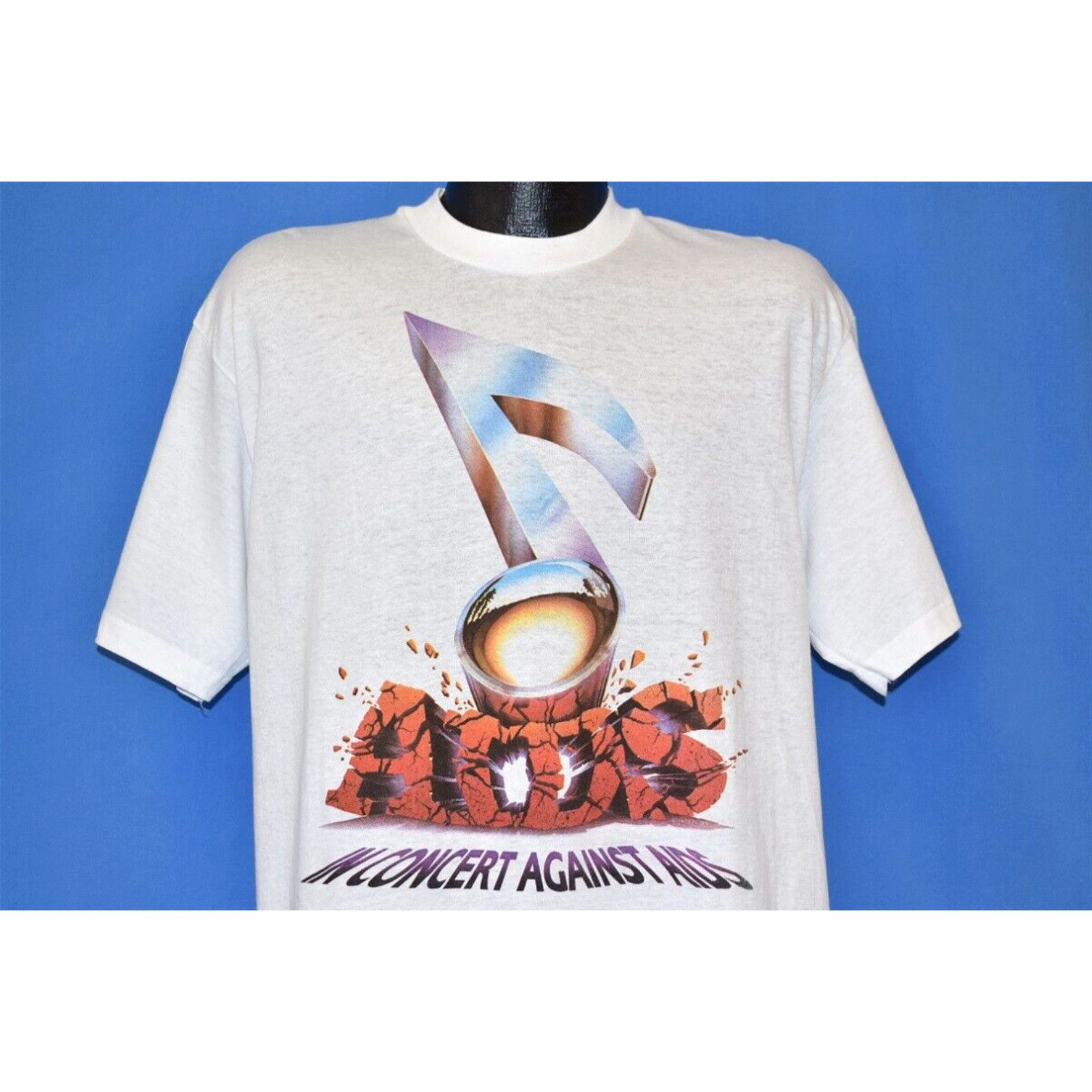 image of Hanes VTG 80's In Concert Against Aids Grateful Dead Huey Lewis Oakland Rock T-Shirt XL in White