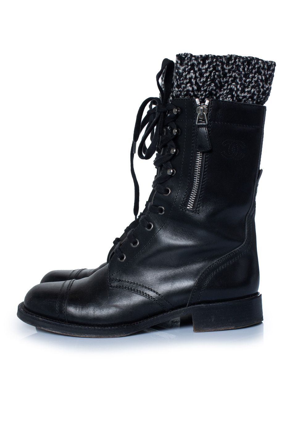 Chanel Chanel, Black leather cc tweed sock combat boots Size US 9.5 / IT 39.5 - 7 Thumbnail