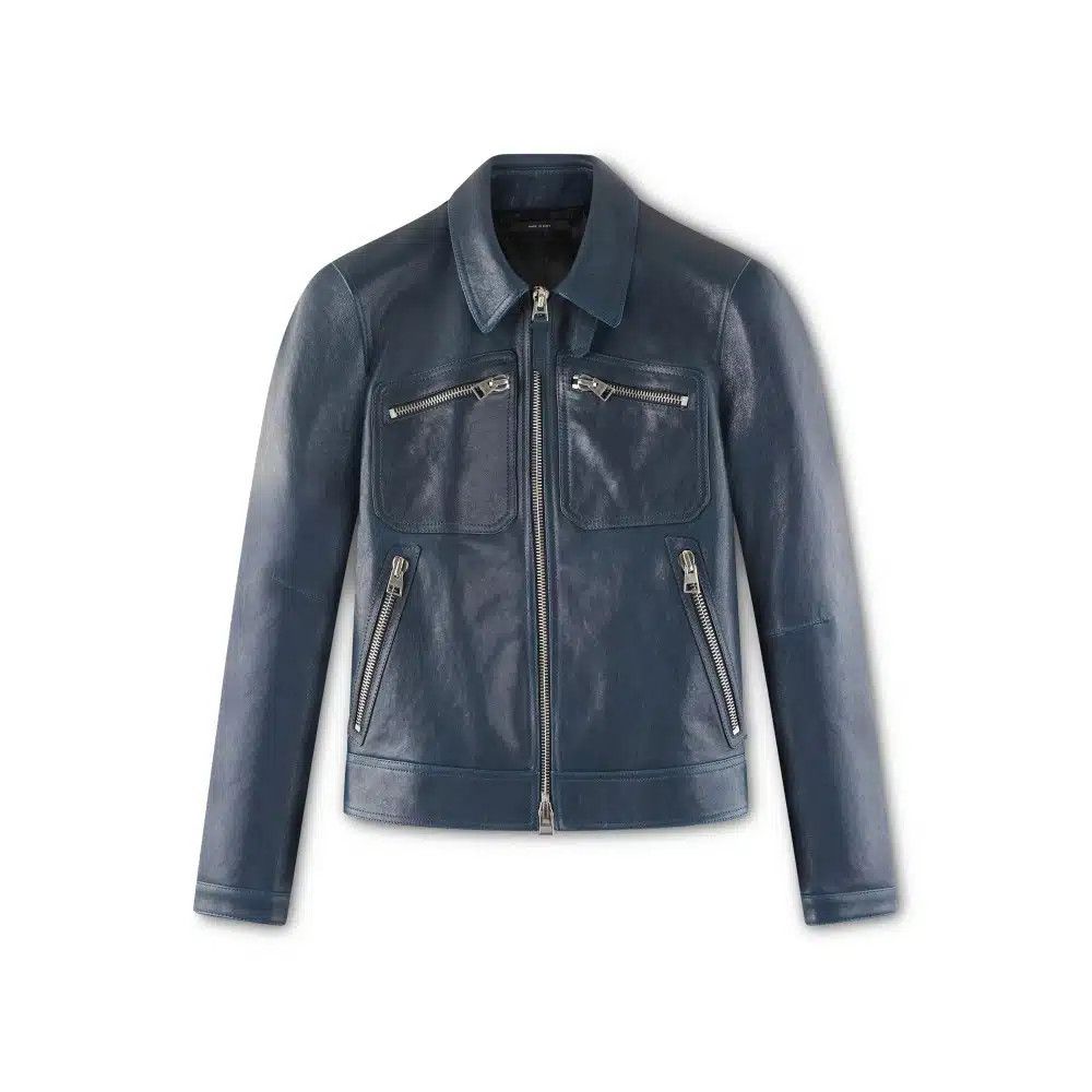 Tom Ford o1loc1c0525 TFL855 Lamb Leather Biker Jacket in Dark Blue Size US M / EU 48-50 / 2 - 1 Thumbnail