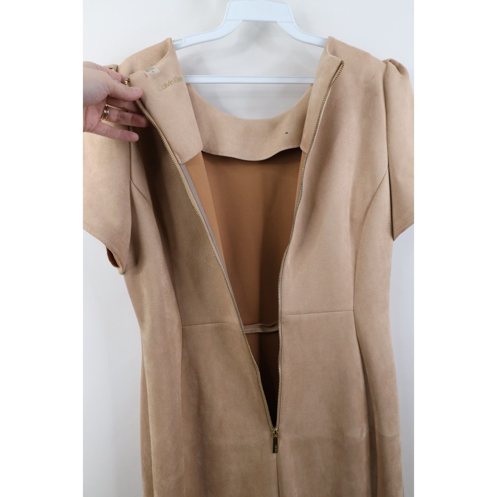 Calvin Klein Calvin Klein Beige Faux Scuba Suede Petal Sleeve Dress Size XL / US 12-14 / IT 48-50 - 14 Thumbnail