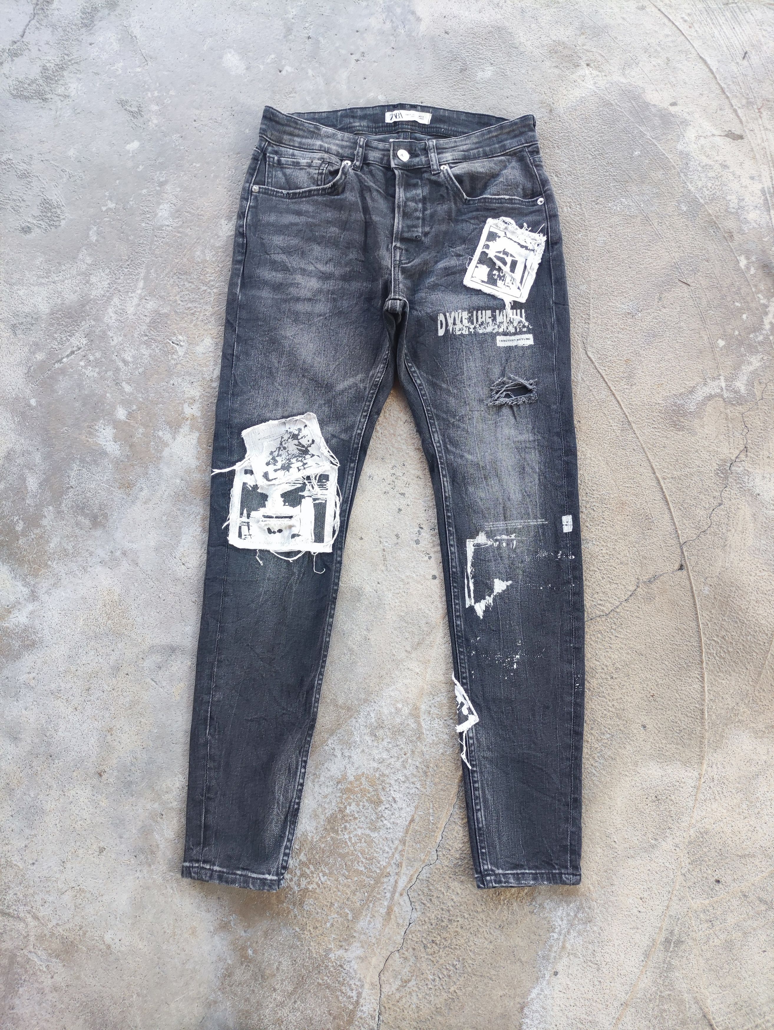 Jean × Vintage Zara Black Jeans Distressed Patches Faded Pants Skinny Denim Size US 31 - 2 Thumbnail