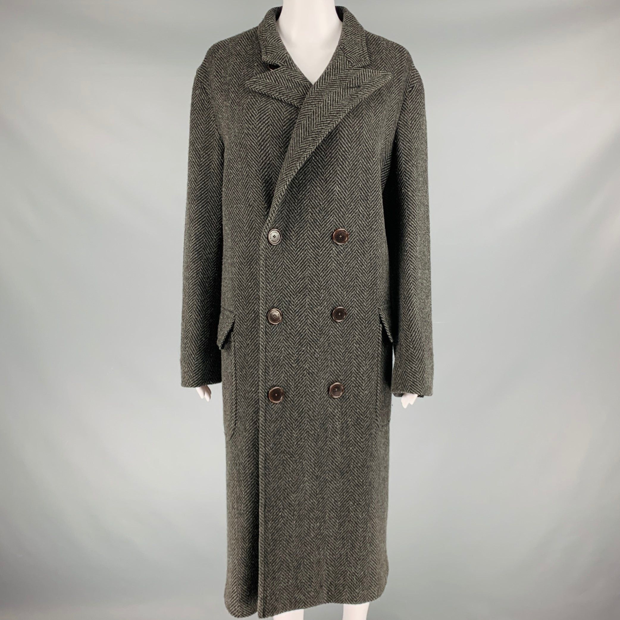 image of Ralph Lauren Grey Black Wool Herringbone Double Breasted Coat, Women's (Size Medium)