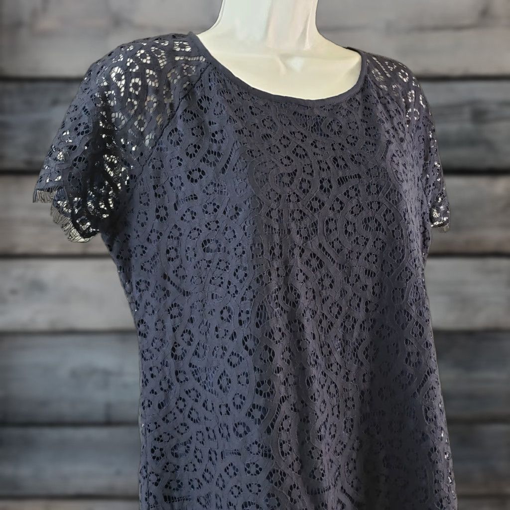 Vintage Solitaire Lace Top Blouse Short Sleeve Lined Womens Large Blue Shirt Size L / US 10 / IT 46 - 1 Thumbnail
